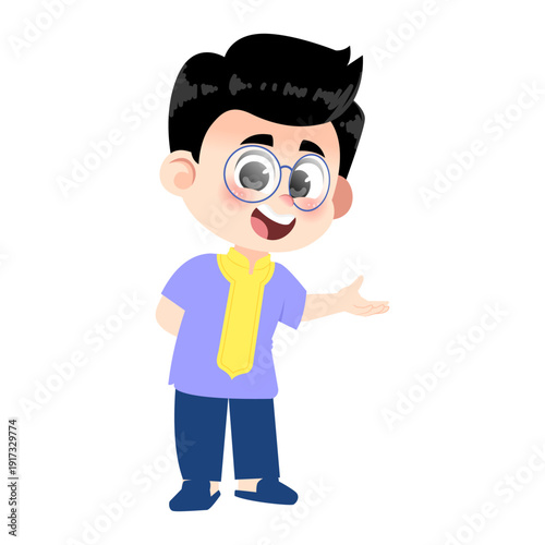 Muslim Boy Wearing Glasses Welcome Hand Behind