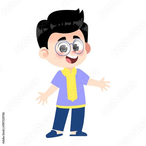 Muslim Boy Wearing Glasses Welcome Pose