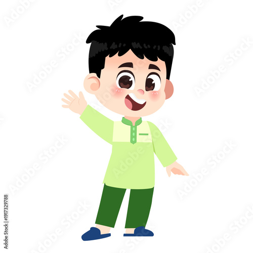 Muslim Boy Green Clothes Waving Hello Character