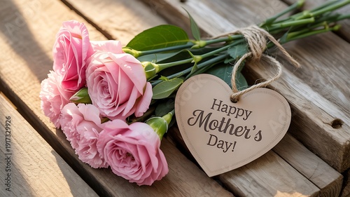 Pink roses and carnations with happy mothers day heart tag on wooden surface