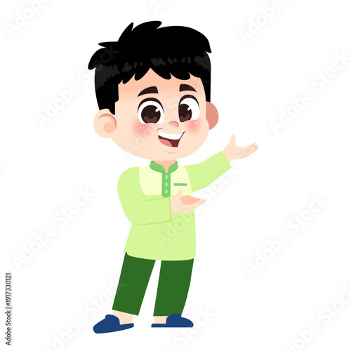 Muslim Boy Green Clothes Welcome Two Hands Side