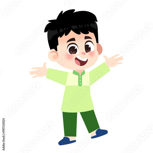 Muslim Boy Green Clothes Welcome Two Hands Up