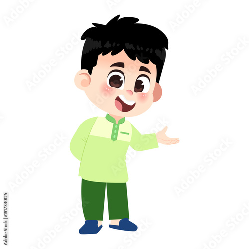Muslim Boy Green Clothes Welcome One Hand Behind