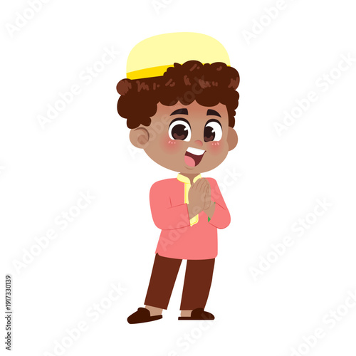 Black Muslim Boy Red Clothes Welcome Gesture Pose