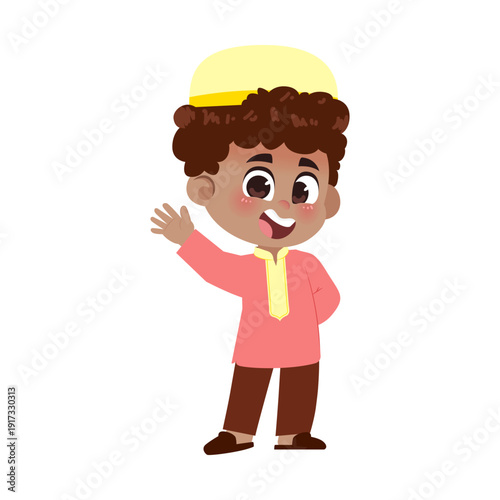 Black Muslim Boy Red Clothes Happy Waving Hand