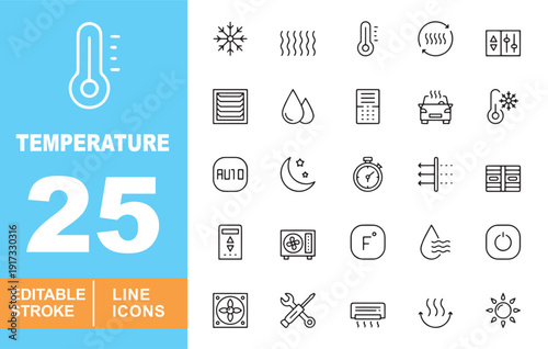 Temperature and HVAC Control Icons. Editable stroke icons for smart home & industrial cooling. Featuring AC units, digital thermostats, ventilation fans, repair tools, and heating system symbols.