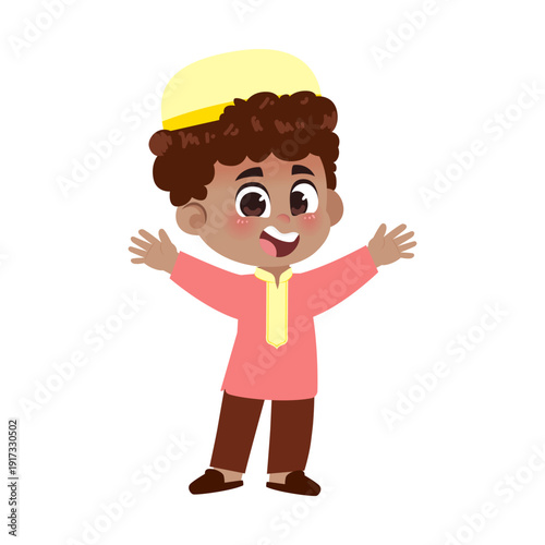 Black Muslim Boy Red Clothes Waving Happy Pose