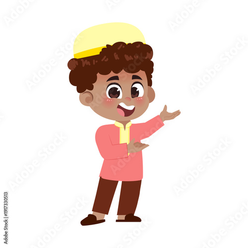 Black Muslim Boy Red Clothes Welcome Two Hand Side