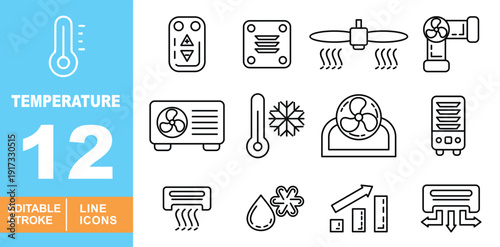 Temperature and Air Conditioning Icons. Editable stroke icons for HVAC & smart home. Featuring AC units, fans, remote controls, ventilation, and cooling or heating system symbols for UI.
