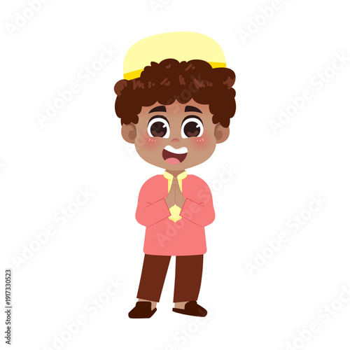 Black Muslim Boy Red Clothes Welcoming Muslim Pose