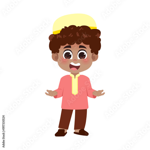 Black Muslim Boy Red Clothes Welcoming Two Hand Up