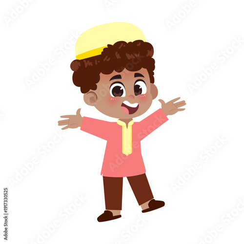 Black Muslim Boy Red Clothes Welcome Two Hand Open