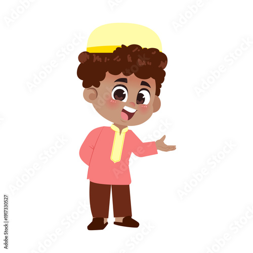Black Muslim Boy Red Clothes Welcome Hand Behind