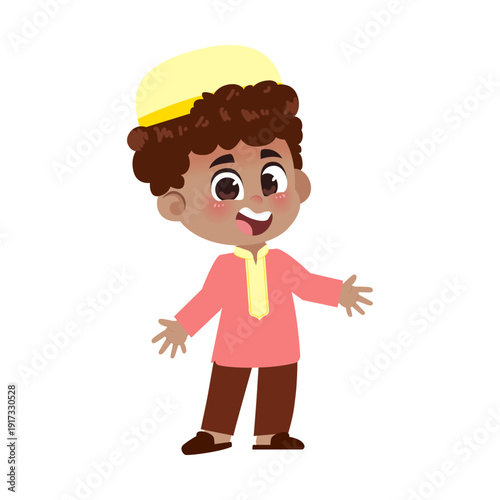Black Muslim Boy Red Clothes Welcoming Two Hands