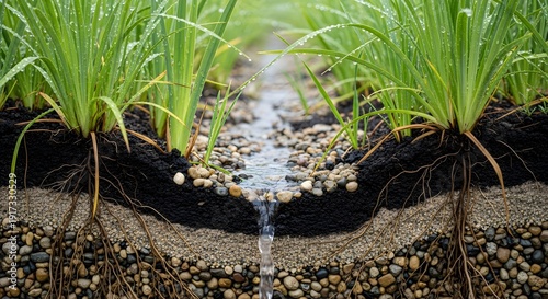 Young plants growing along a small stream of water in a garden bed. bioswale