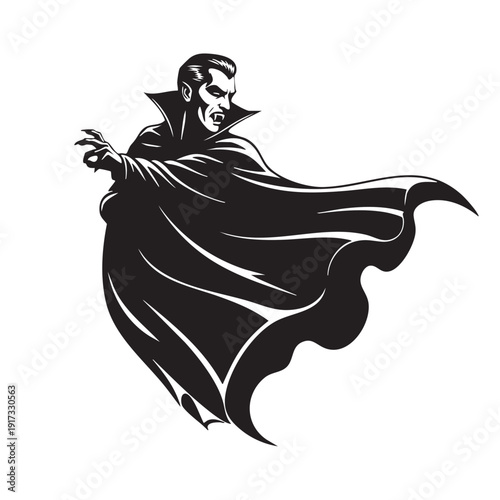 Dramatic silhouette of a vampire with sharp fangs and clawed hands, wearing a flowing, high-collared cape, exuding an aura of mystery and threat in a classic horror style