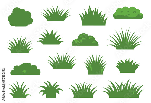 Stylized grass and bush set featuring various green plant elements for digital nature scenes