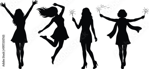 Celebrating women silhouettes with sparklers set, dancing jumping female figures black vector isolated on white background