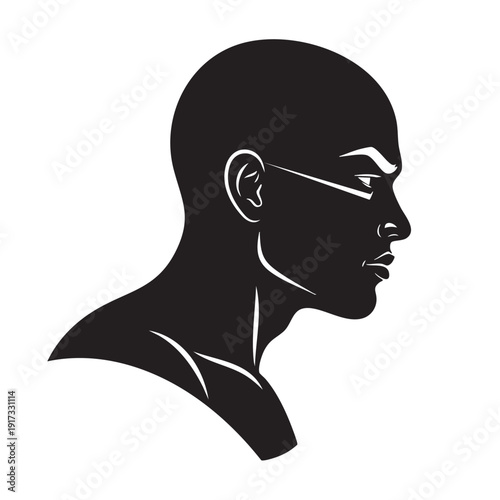 Profile silhouette of a bald man's head and shoulders, featuring sharp, angular facial features and a determined expression, depicting strength and resolve