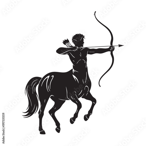 Dynamic Silhouette Centaur Archer Mythical Creature Drawing Back Bow Hunting with Arrow Ready for Shot Isolated on White Background Mythological Equestrian Warrior Pose
