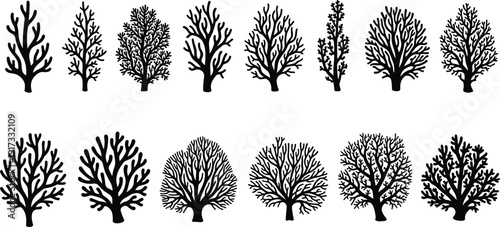 Black coral silhouettes collection isolated on white background, marine reef branches vector illustration set for ocean design elements