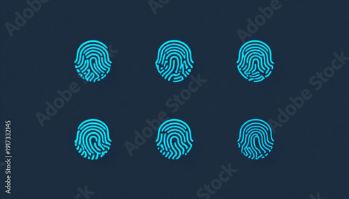 flat illustration of six fingerprint icons arranged in a clean grid layout, digital security and biometric authentication theme