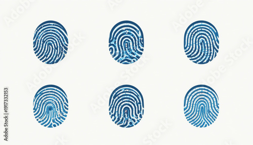 flat illustration of six fingerprint icons arranged in a clean grid layout, digital security and biometric authentication theme