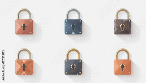 flat illustration of six digital security padlock icons arranged in a clean grid layout, modern cybersecurity theme