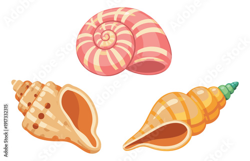 Colorful graphic seashells set featuring spiral and conch shells for beach and ocean themes