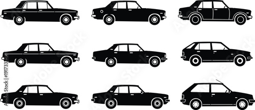 Classic car silhouettes collection isolated on white background, vintage sedan and hatchback vehicle vector illustration set