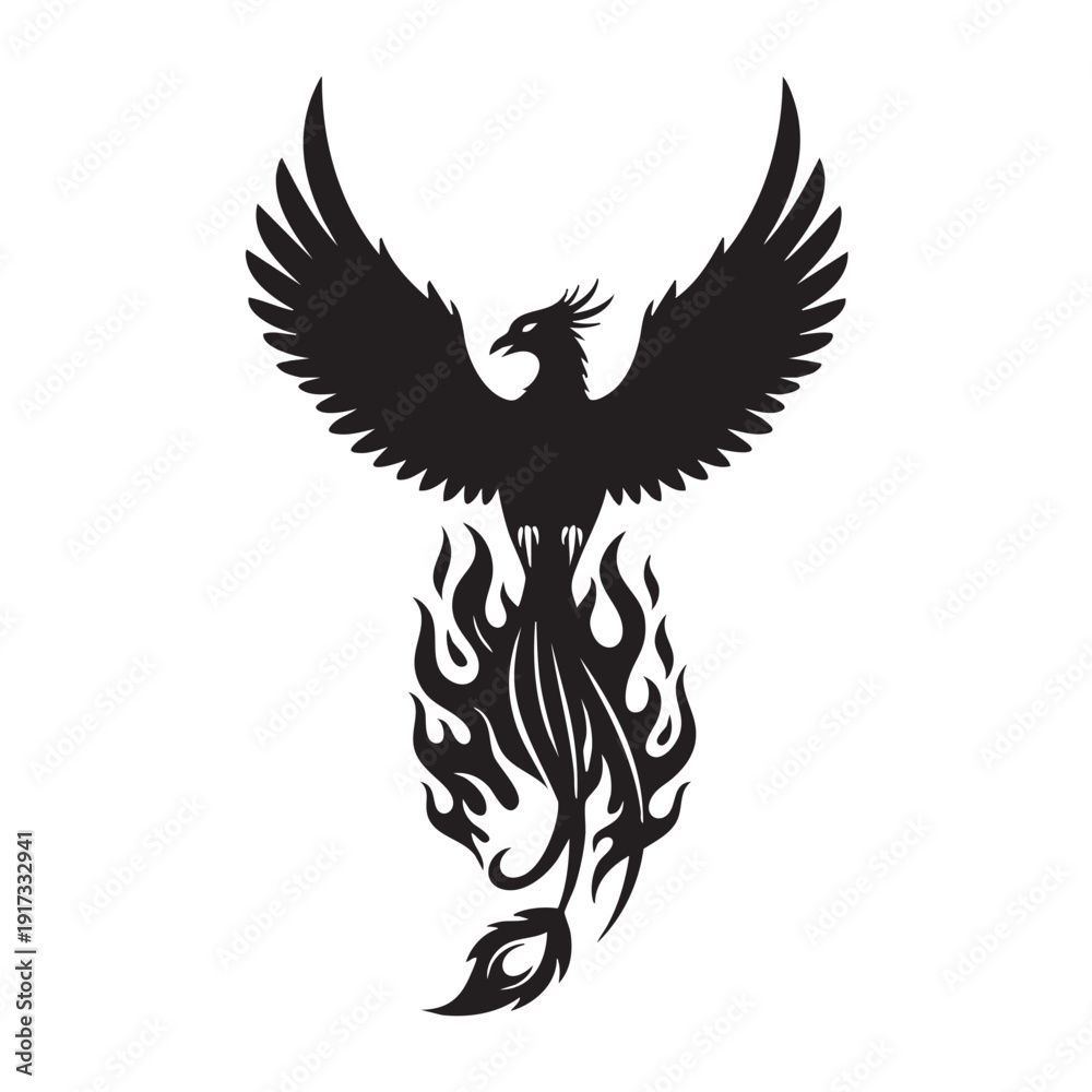Obraz premium Phoenix Bird Rising From Flames Black Silhouette Icon Rebirth Symbol Legendary Firebird Vector Art Mythology Fantasy Design Spiritual Concept