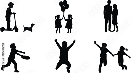 Family and kids silhouette set with children playing, boy riding scooter with dog, girls holding balloons, couple standing together, happy childhood isolated on white background.
