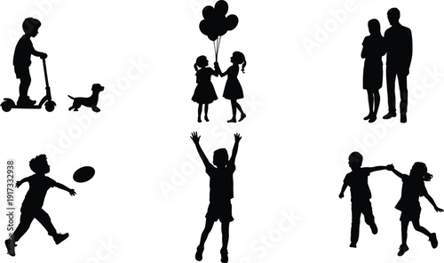 Family silhouette set with children playing and parents standing together, boy riding scooter with dog, girls holding balloons, happy people isolated on white background.