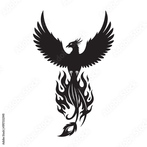 Phoenix Bird Rising From Flames Black Silhouette Icon Rebirth Symbol Legendary Firebird Vector Art Mythology Fantasy Design Spiritual Concept