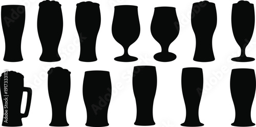 Set of beer glass silhouettes with foam, black drinkware collection including pint glasses and mug shapes, pub bar alcohol concept isolated on white background.