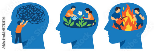 Flat design emotional state concept set featuring tangled thoughts, nurturing plants, and internal conflict for mental health and well-being