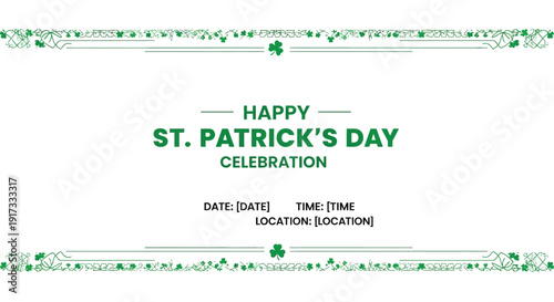 Elegant customizable st patricks day celebration invitation template featuring decorative shamrock borders and clear placeholders for event details like date time and location information