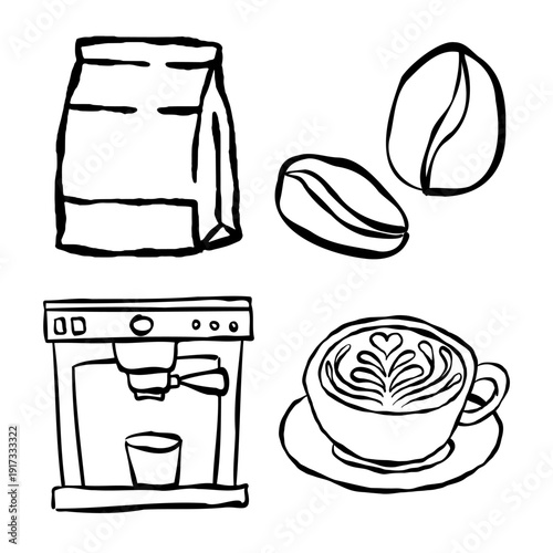 Illustration of coffee beans, coffee cup, coffee machine, and coffee bag in a minimalist style from a straightforward viewpoint