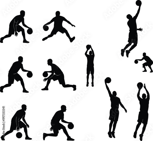 Basketball player silhouette set, dynamic dribbling shooting dunking poses, isolated black vector athletes collection on white background