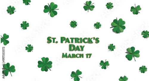 Festive three dimensional rendering displays st patrick's day celebration text with scattered green shamrocks against a bright white background surface pattern design
