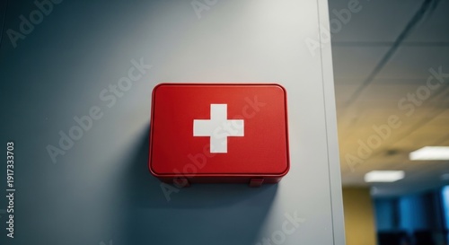 Wallpaper Mural A red first aid kit with a white cross, mounted on a wall in an office setting Torontodigital.ca