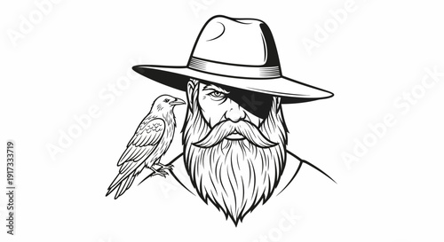 Bearded Man in Hat with Raven on Shoulder - Vintage Illustration