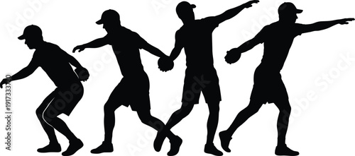 Baseball pitcher throwing ball silhouettes set dynamic player poses vector illustration isolated on white background sports collection