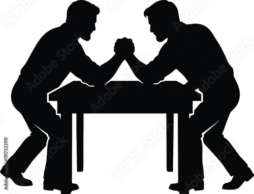 Arm wrestling silhouette competition, two strong men power contest at table, black vector rivalry isolated on white background