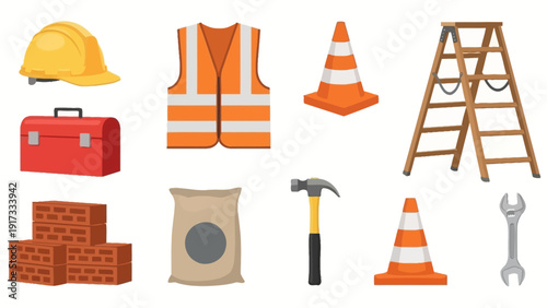 Construction Equipment and Safety Gear Icons.