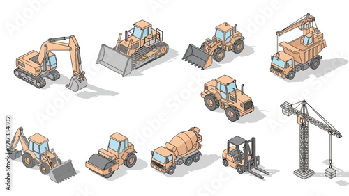 Construction Equipment Set Heavy Machinery Vehicles.