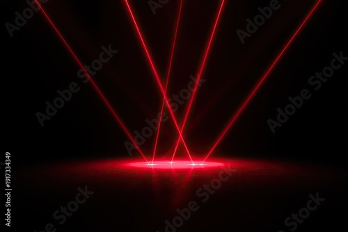 Red Lasers Beam Down, Illuminated Floor in Dark Room
