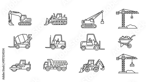 Collection of Heavy Construction Machinery Icons.