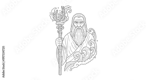 Ancient Wizard with Magic Staff and Water Elements