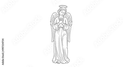 Angel Sculpture Line Drawing, Halo, Wings, Praying, Serene, Religious Art